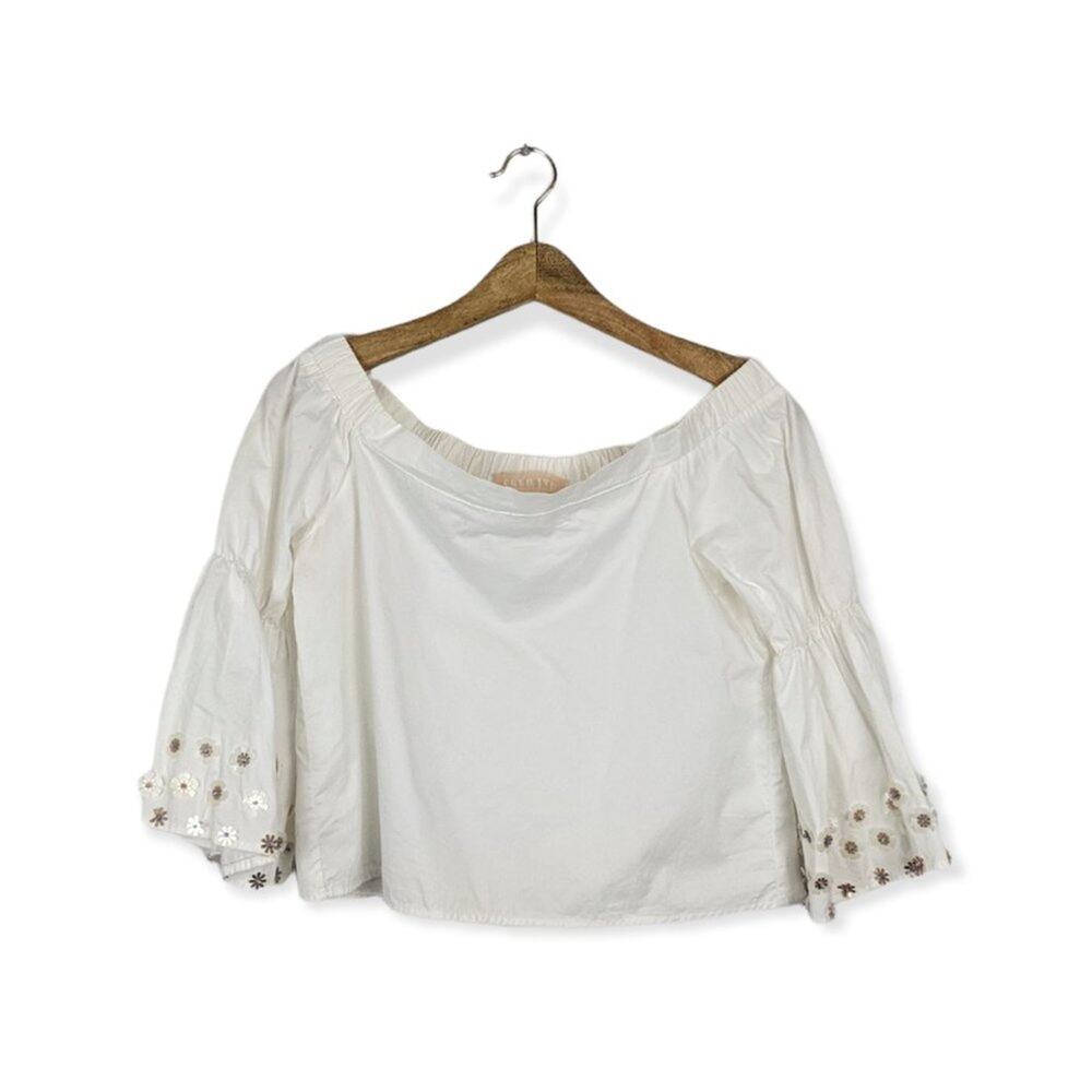Ecru Lab White Cropped Off Shoulder Floral Sequin Top Size M